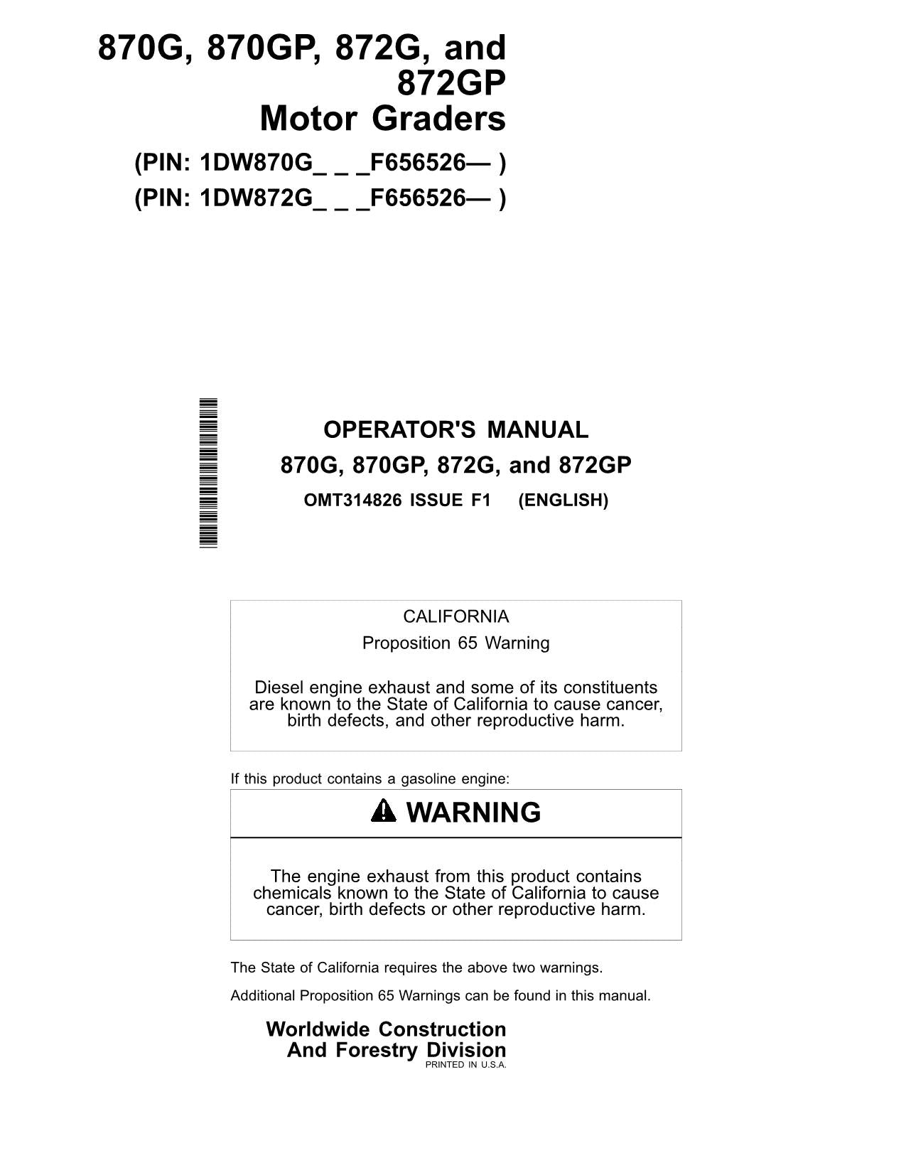 JOHN DEERE 870G 870GP 872G 872GP MOTOR GRADER OPERATORS MANUAL #5