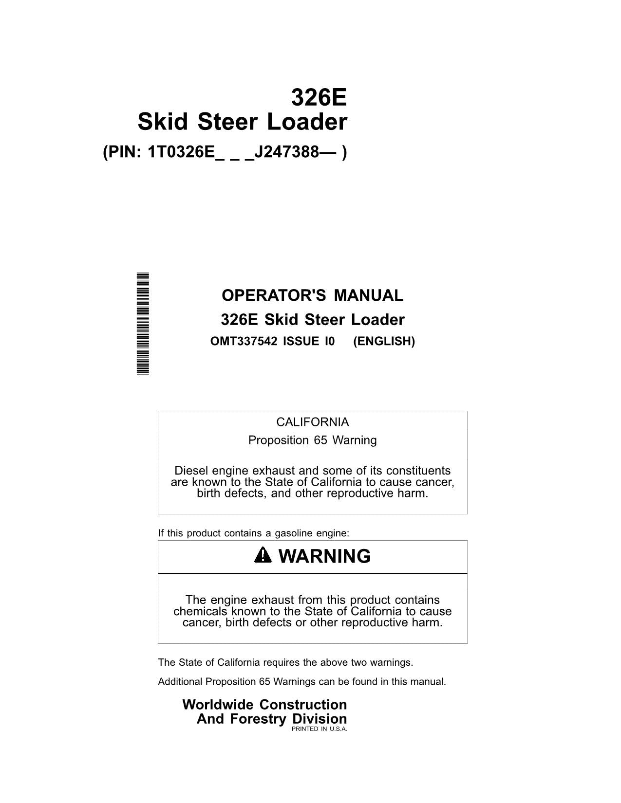 JOHN DEERE 326E SKID STEER OPERATORS MANUAL + !BONUS!