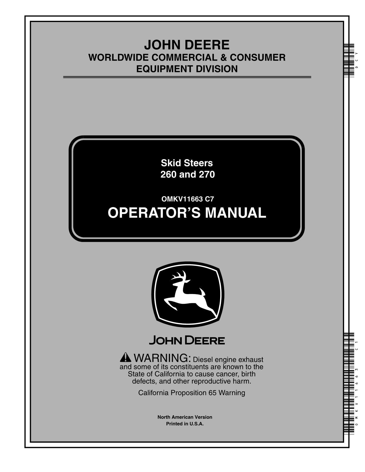 JOHN DEERE 260 270 SKID STEER OPERATORS MANUAL #1