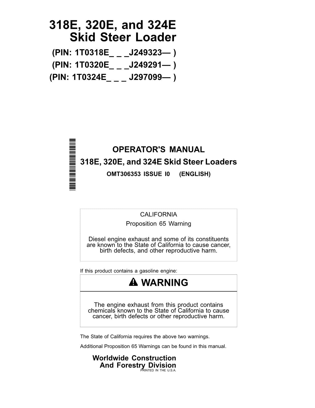 JOHN DEERE 318E 320E 324E SKID STEER OPERATORS MANUAL + BONUS