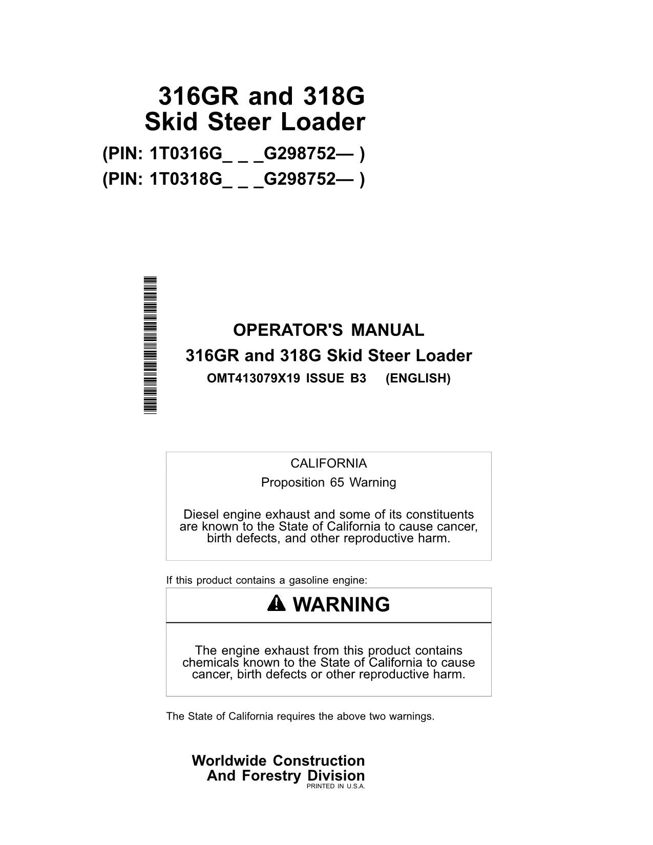 JOHN DEERE 316GR 318G SKID STEER OPERATORS MANUAL +BONUS