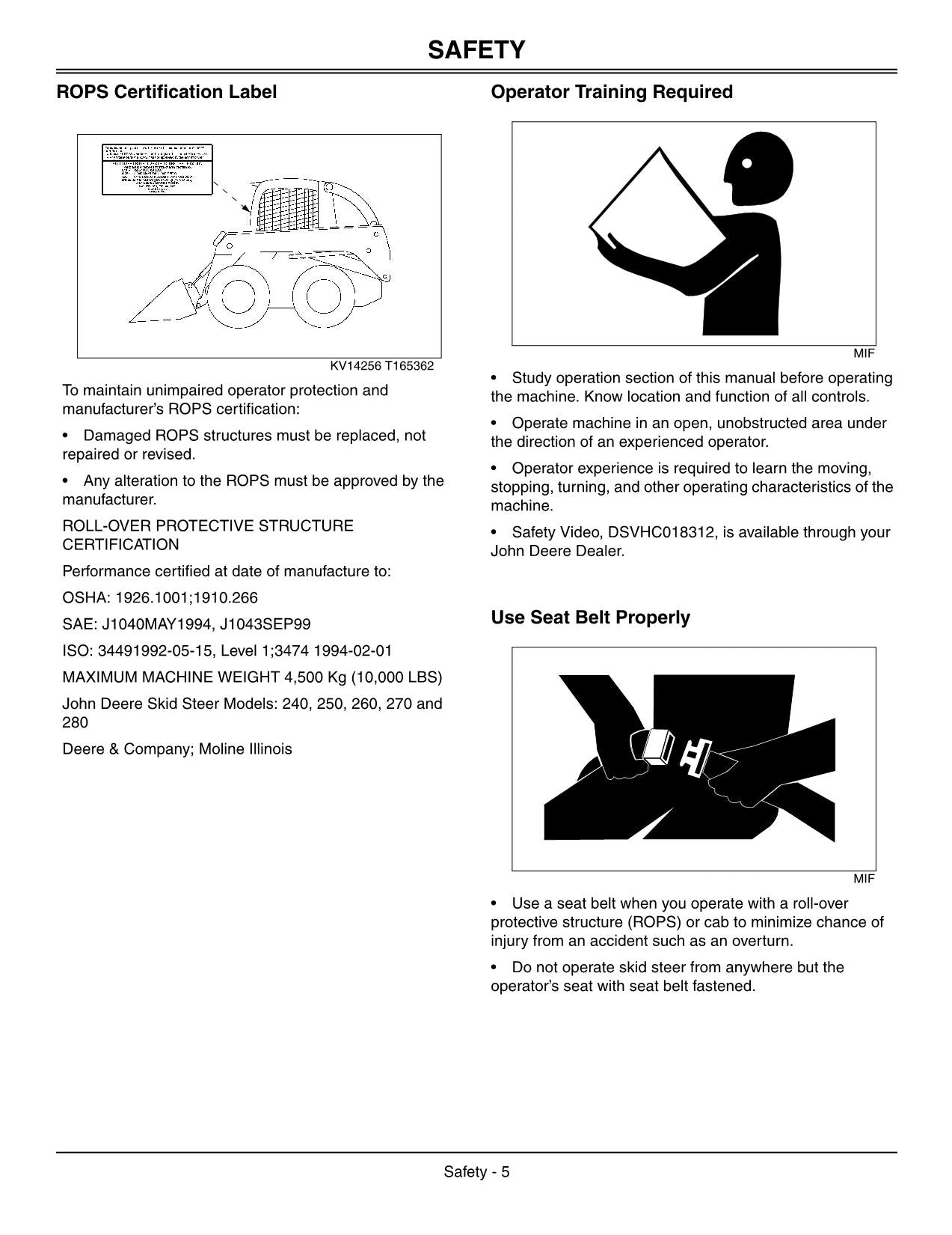 JOHN DEERE 280 SKID STEER OPERATORS MANUAL