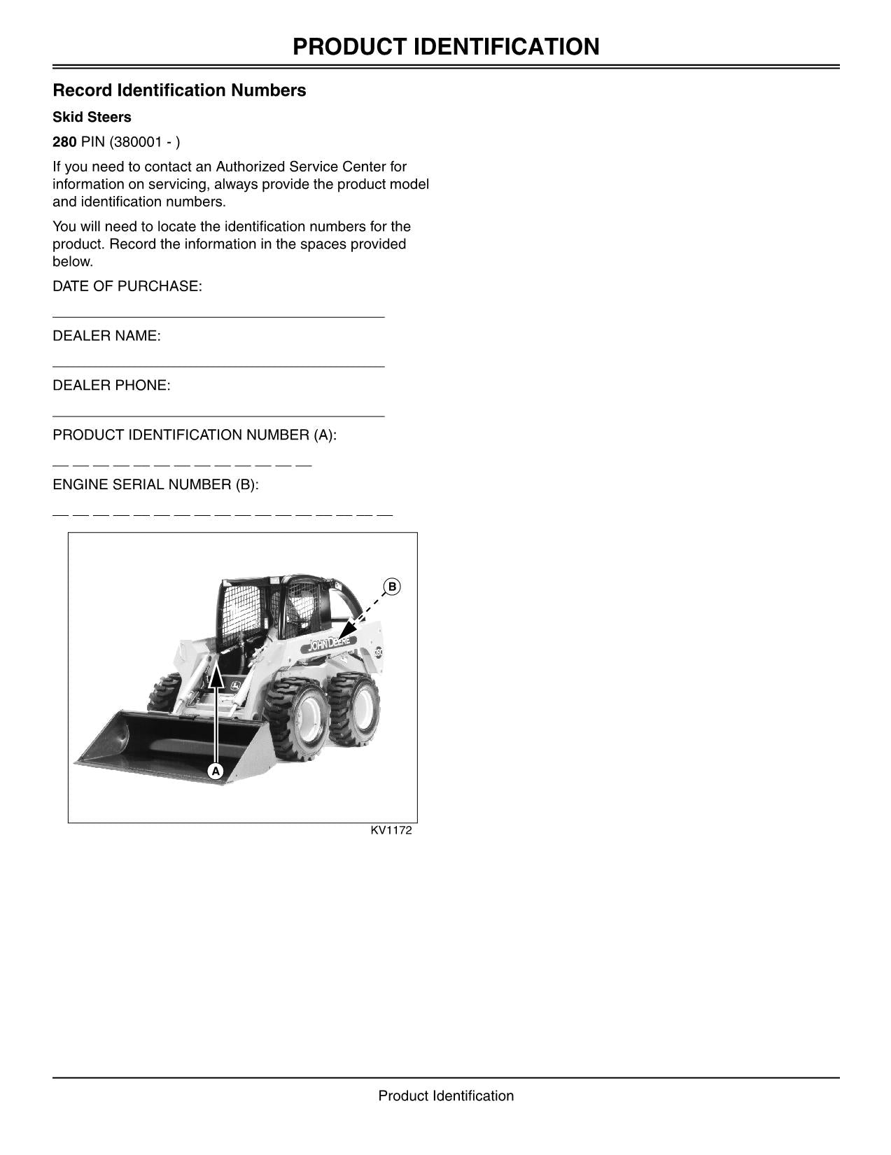 JOHN DEERE 280 SKID STEER OPERATORS MANUAL