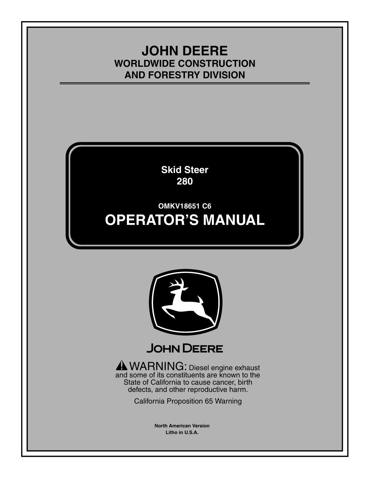 JOHN DEERE 280 SKID STEER OPERATORS MANUAL