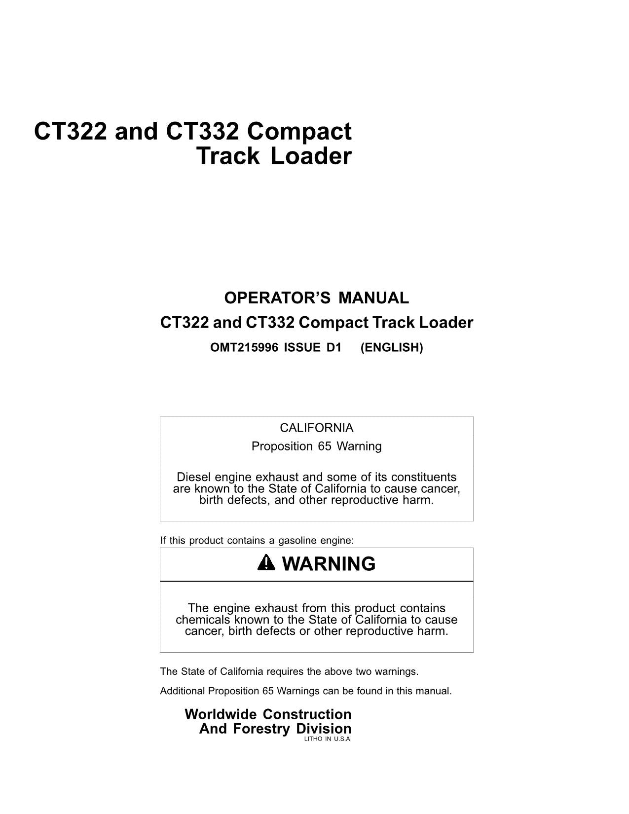 JOHN DEERE CT322 CT332 SKID STEER OPERATORS MANUAL