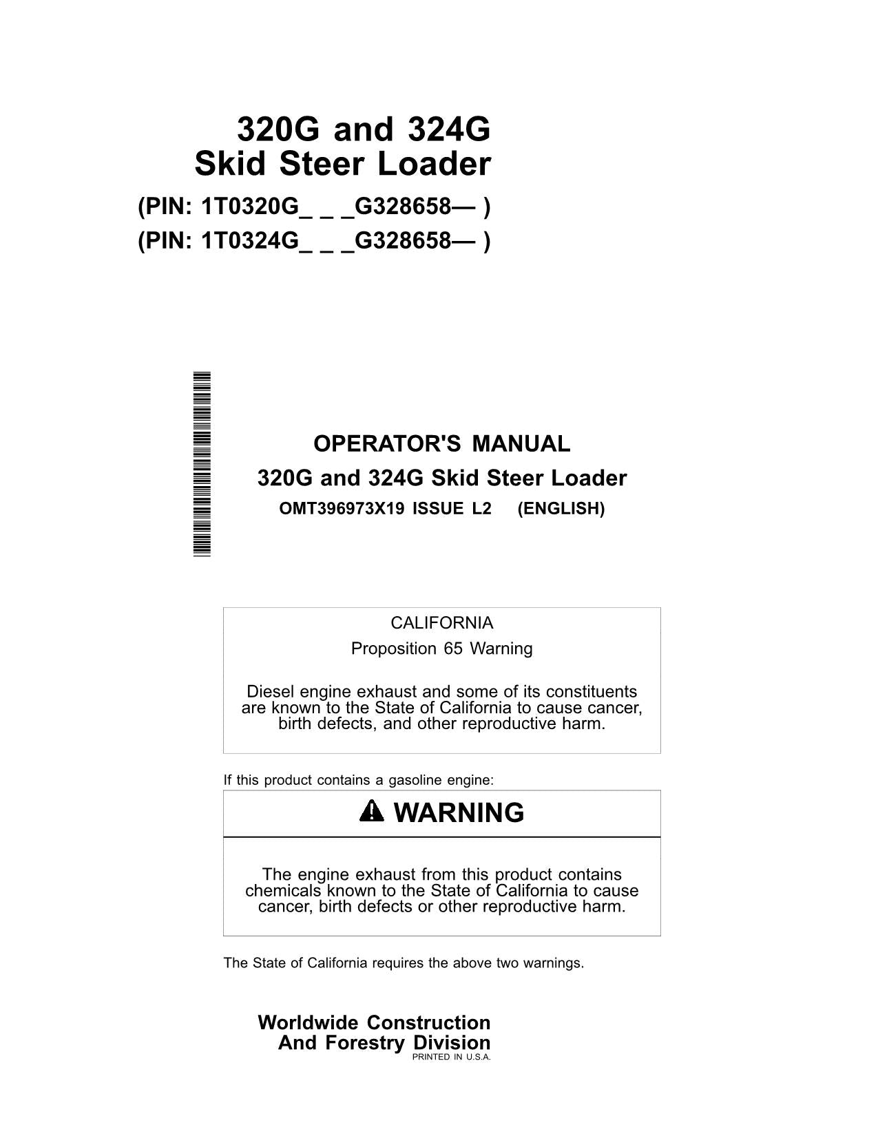 JOHN DEERE 320G 324G SKID STEER OPERATORS MANUAL + !BONUS! OMT396973X19