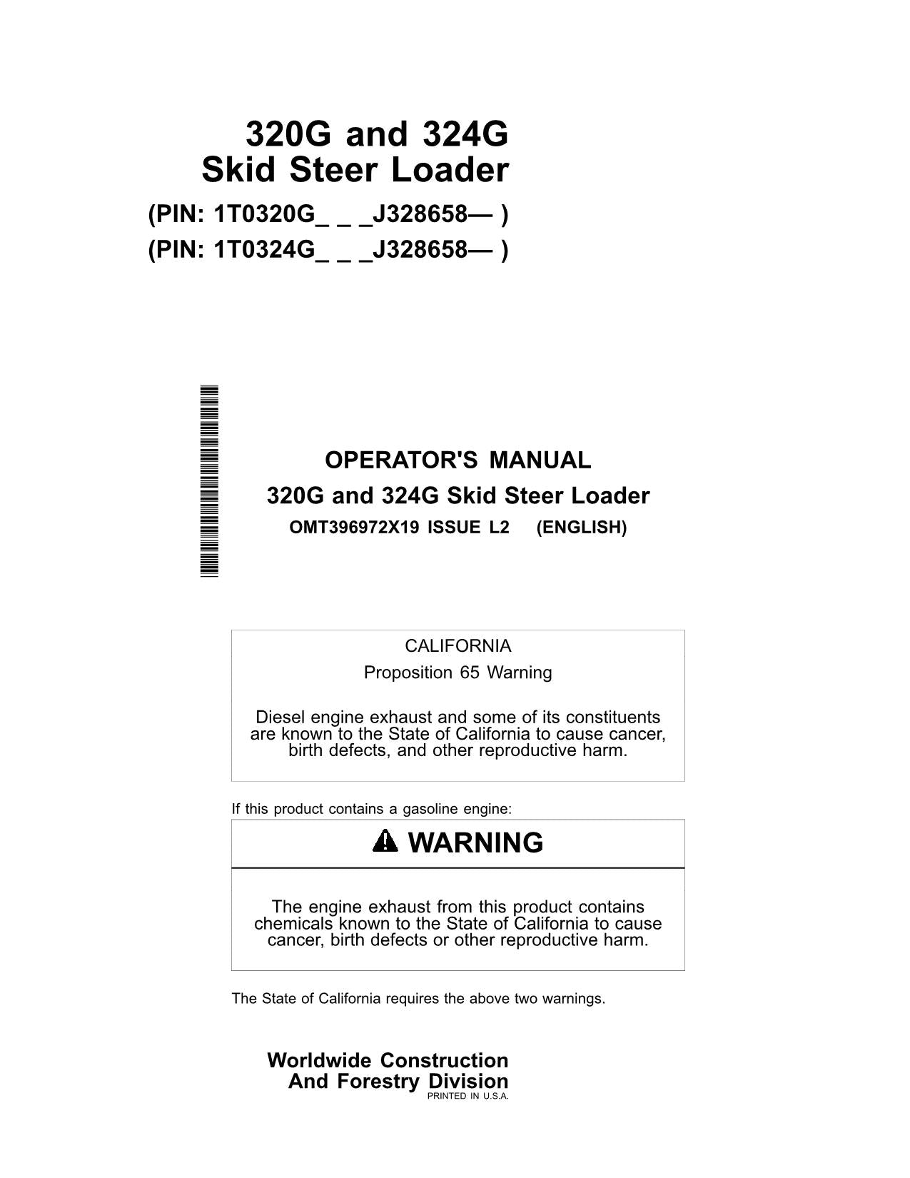 JOHN DEERE 320G 324G SKID STEER OPERATORS MANUAL + !BONUS! OMT396972X19