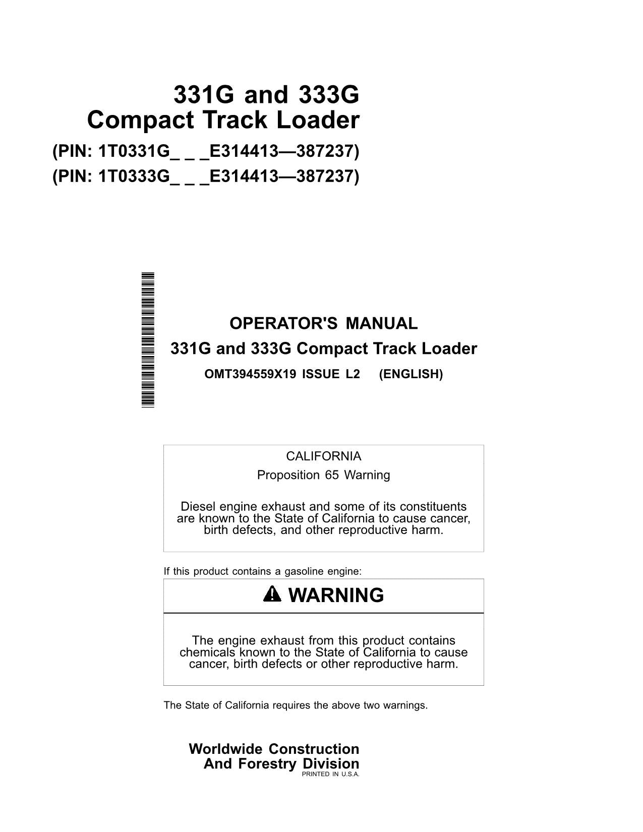 JOHN DEERE 331G 333G SKID STEER OPERATORS MANUAL + !BONUS!