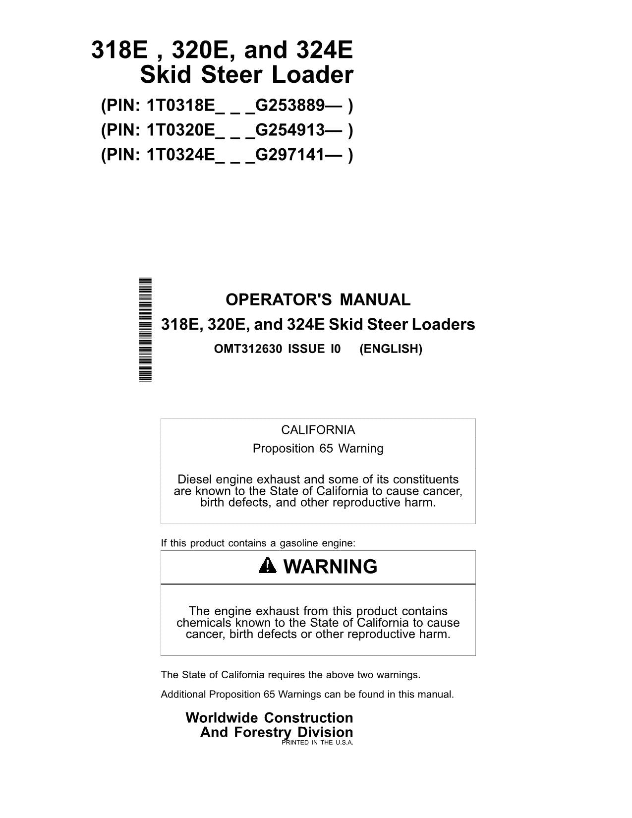 JOHN DEERE 318E 320E 324E SKID STEER OPERATORS MANUAL + !BONUS!