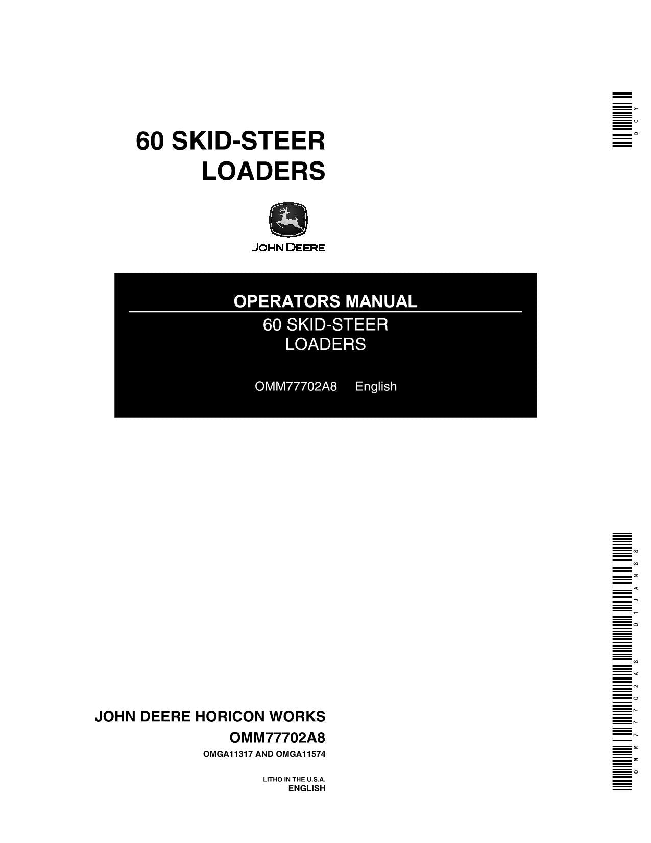 JOHN DEERE 60 SKID STEER OPERATORS MANUAL OMM77702