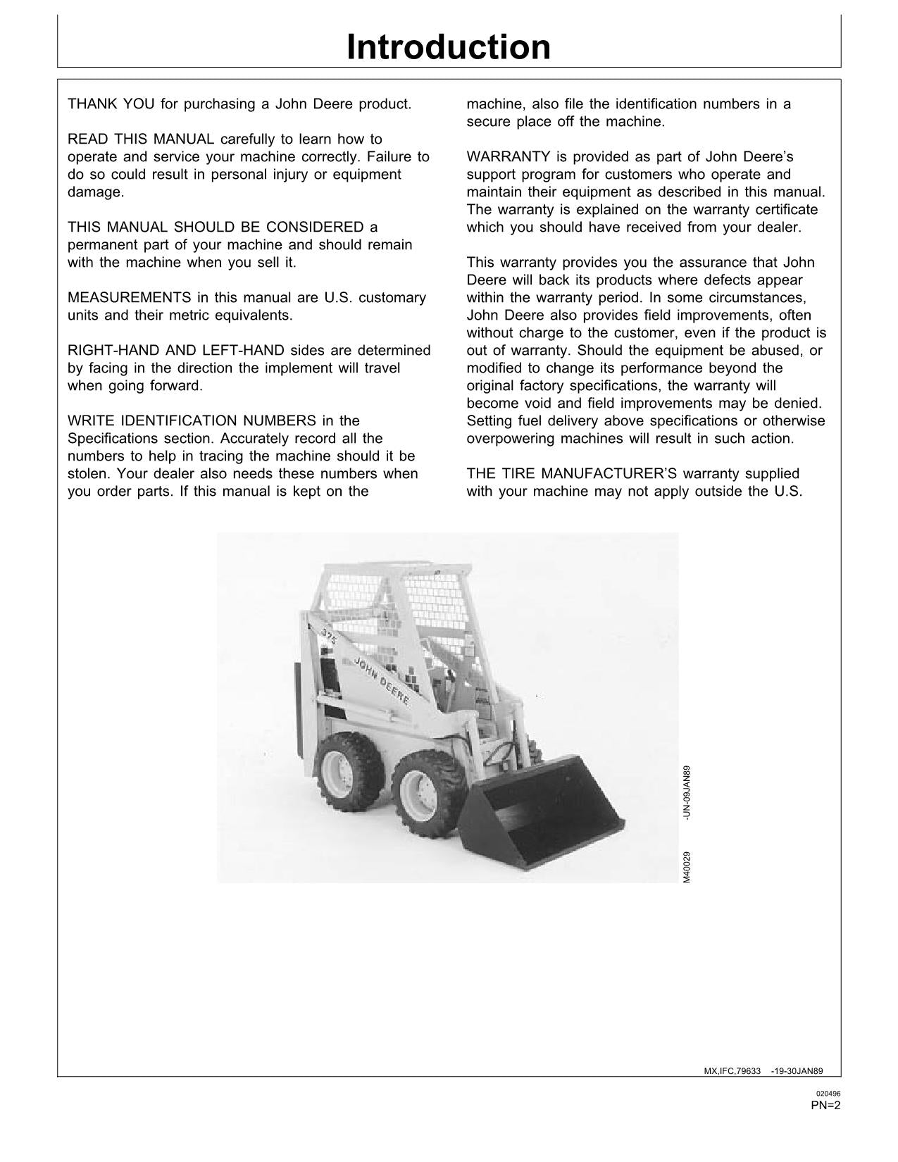 JOHN DEERE 375 SKID STEER OPERATORS MANUAL