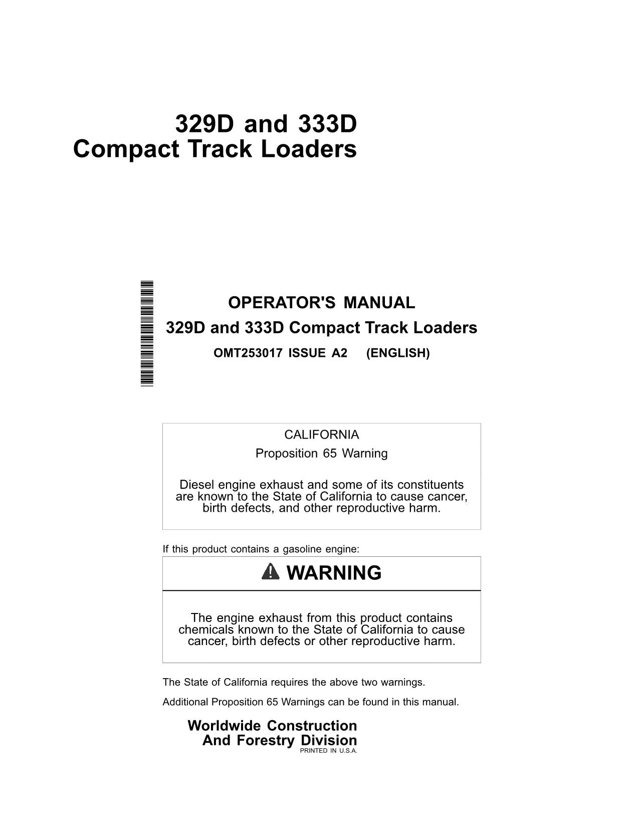 JOHN DEERE 329D 333D SKID STEER OPERATORS MANUAL + !BONUS!