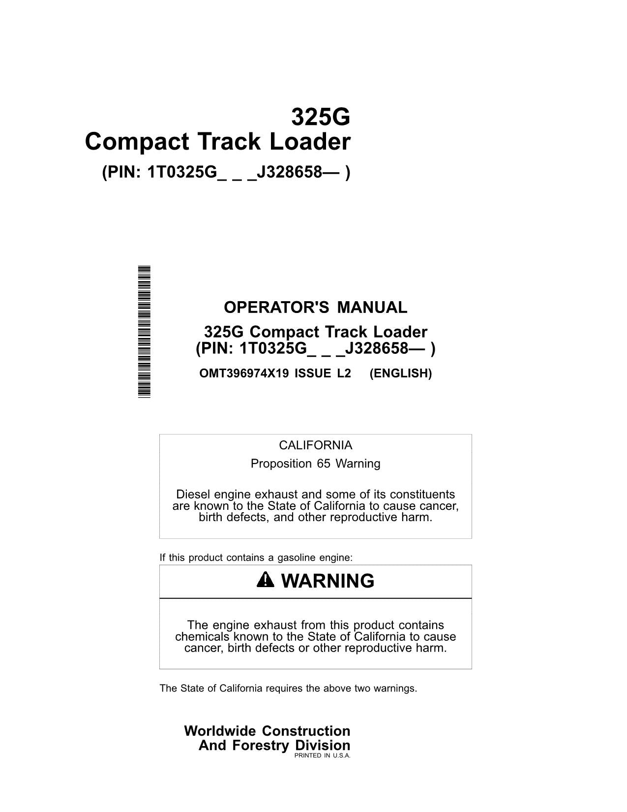 JOHN DEERE 325G SKID STEER OPERATORS MANUAL + !BONUS! OMT396974X19