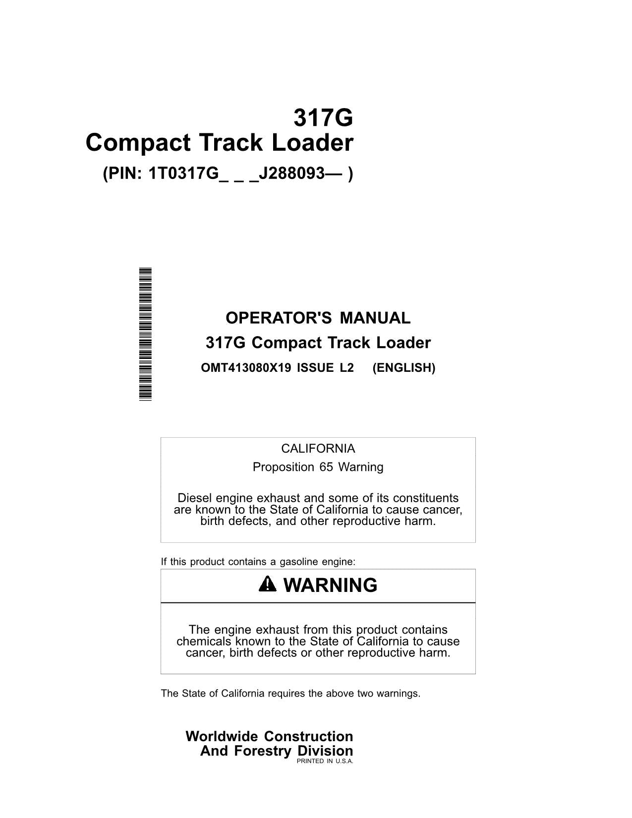 JOHN DEERE 317G SKID STEER OPERATORS MANUAL (ser J288093-) +BONUS