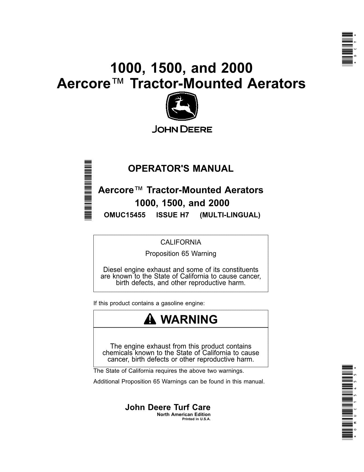 JOHN DEERE 1000 1500 2000 TRAKTOR-BETRIEBSHANDBUCH Nr. 7