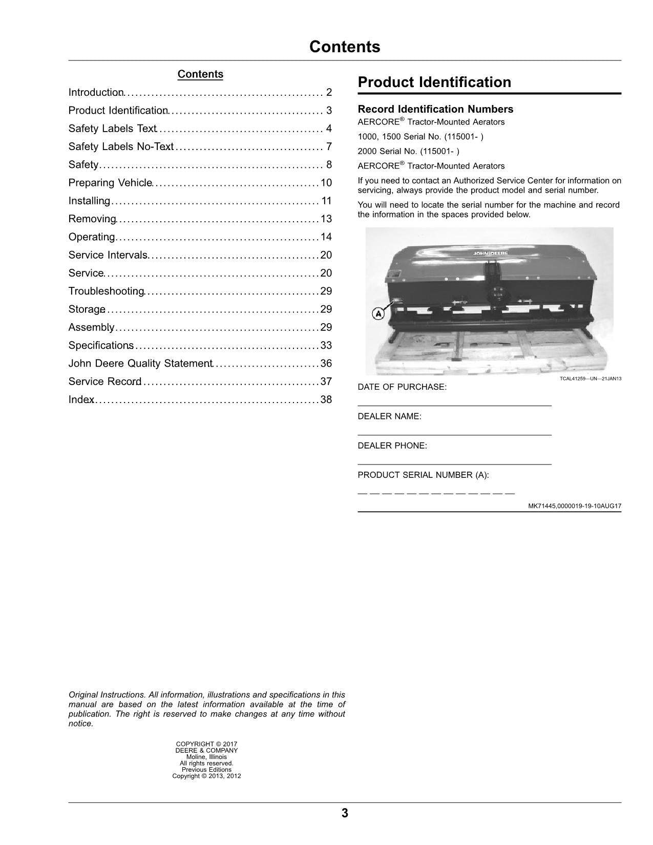 JOHN DEERE 1000 1500 2000 TRAKTOR-BETRIEBSHANDBUCH Nr. 7