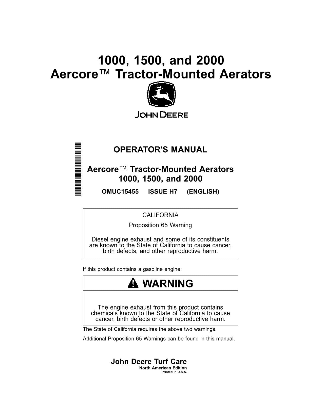 JOHN DEERE 1000 1500 2000 TRAKTOR-BETRIEBSHANDBUCH Nr. 7