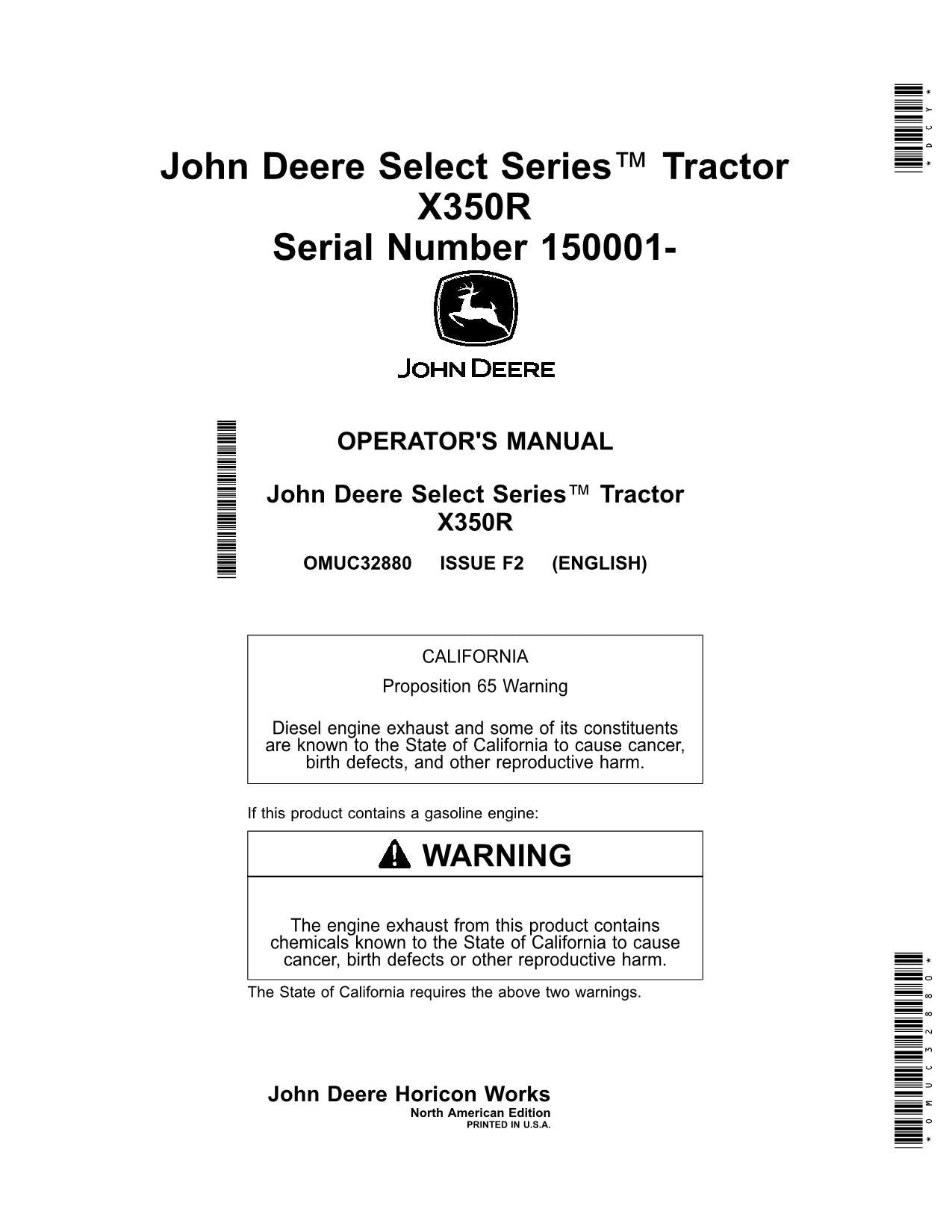 JOHN DEERE X350R TRACTOR OPERATORS MANUAL 150001-