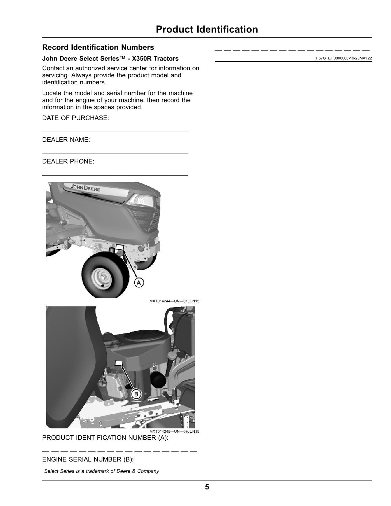 MANUEL D'UTILISATION DU TRACTEUR JOHN DEERE X350R 150001-