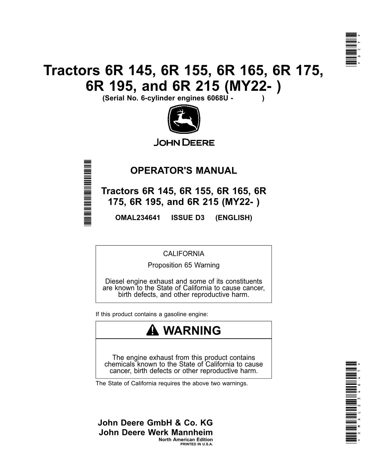 JOHN DEERE 6R 145 6R 155 6R 165 6R 175 6R 195 215 TRAKTOR-BETRIEBSHANDBUCH