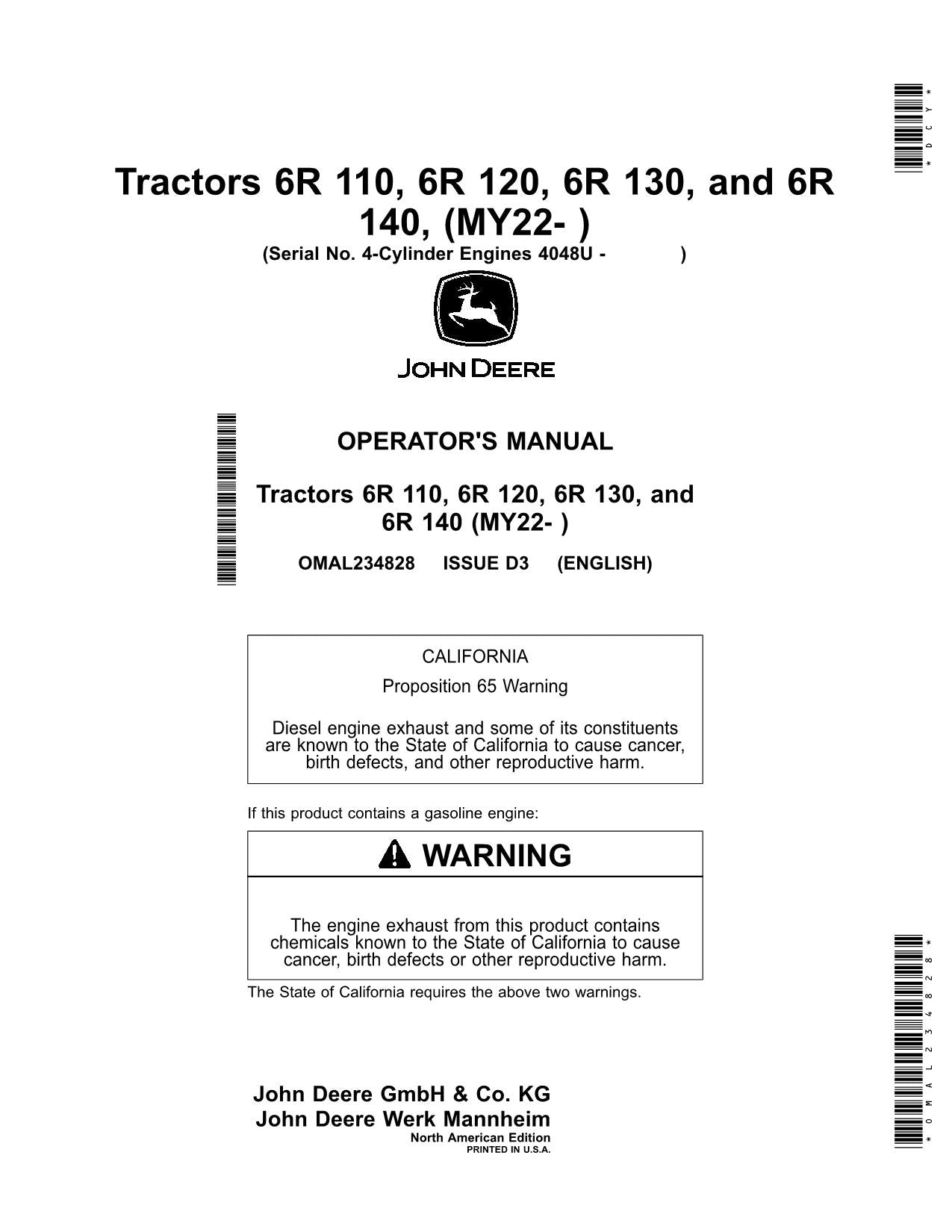 JOHN DEERE 6R 110 6R 120 6R 130 6R 140 TRACTOR OPERATORS MANUAL