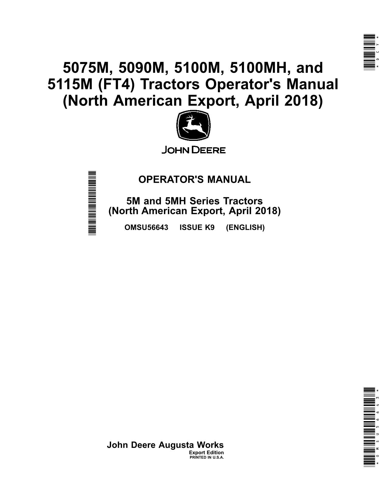 JOHN DEERE 5075M 5090M 5100M 5100MH 5115M FT4 TRACTOR OPERATORS MANUAL #1