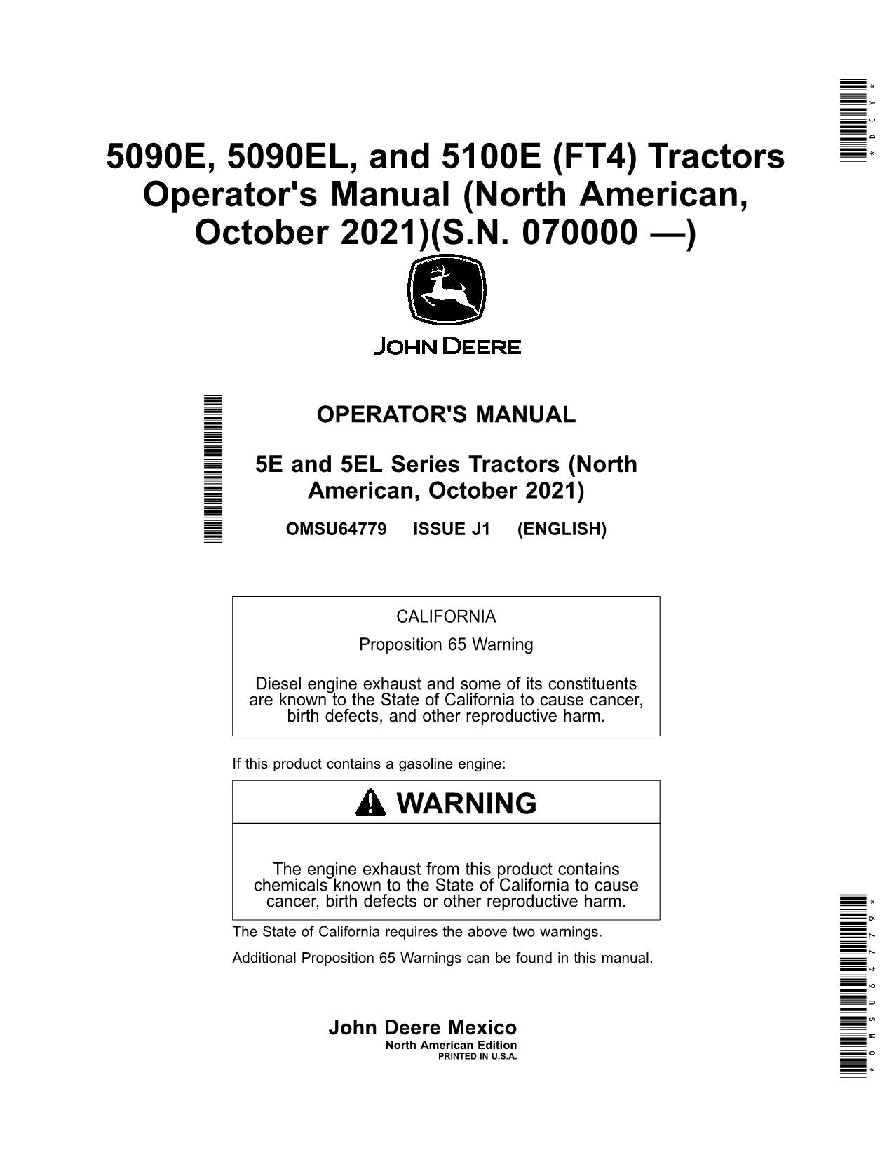 JOHN DEERE 5090E 5090EL 5100E TRAKTOR-BETRIEBSHANDBUCH Nr. 1