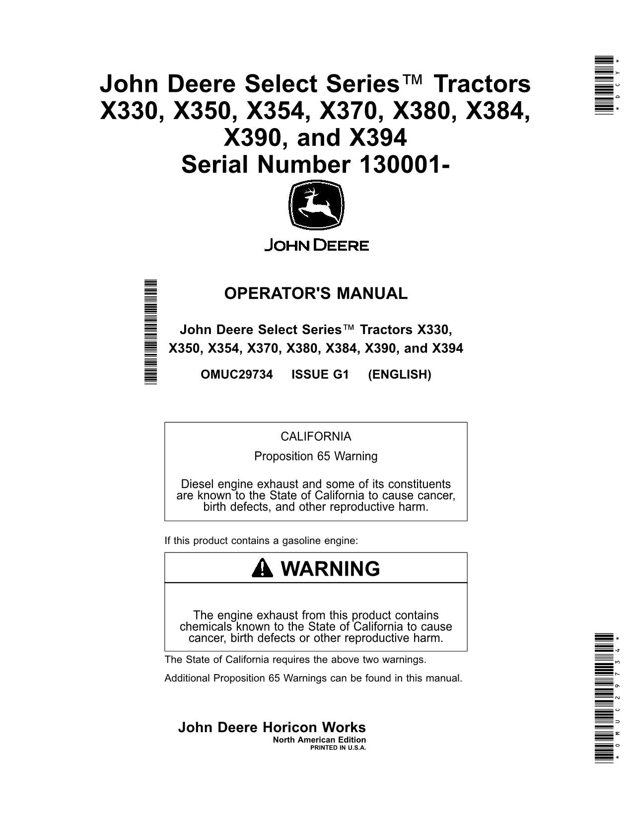 JOHN DEERE X330 X350 X354 X370 X380 X384 X390 X394 TRAKTOR-BETRIEBSHANDBUCH NR. 3