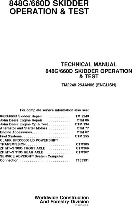 JOHN DEERE 848G 660D SKIDDER OPERATION TEST SERVICE MANUAL