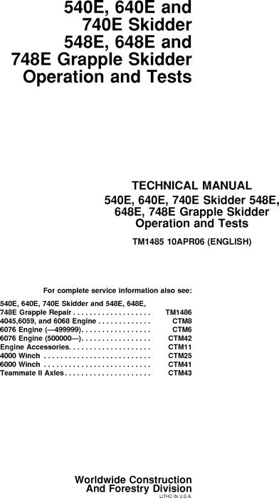 JOHN DEERE 540E 640E 740E 548E SKIDDER-BETRIEBSTEST-SERVICEHANDBUCH