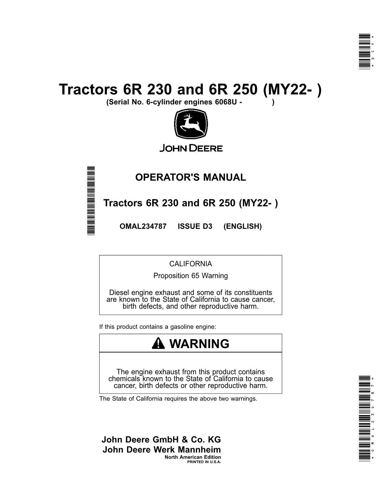 JOHN DEERE 6R 250 6R 230 TRACTOR OPERATORS MANUAL MY2022-