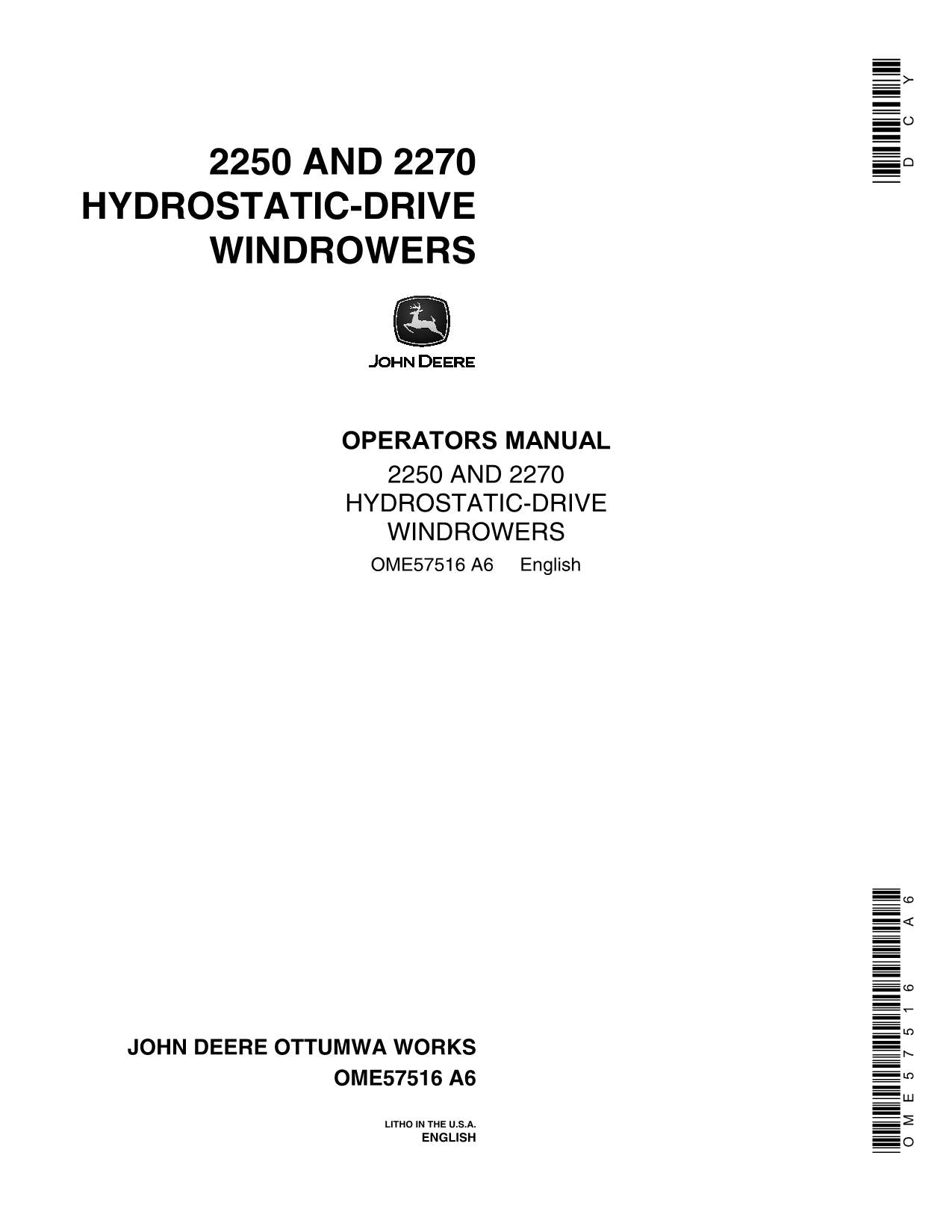 JOHN DEERE 2250 2270 220 WINDROWER OPERATORS MANUAL #1