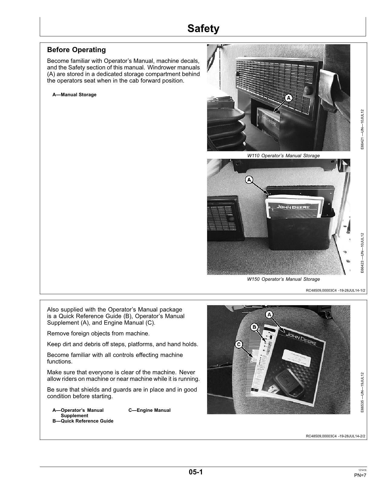 JOHN DEERE W110 WINDROWER OPERATORS MANUAL #1