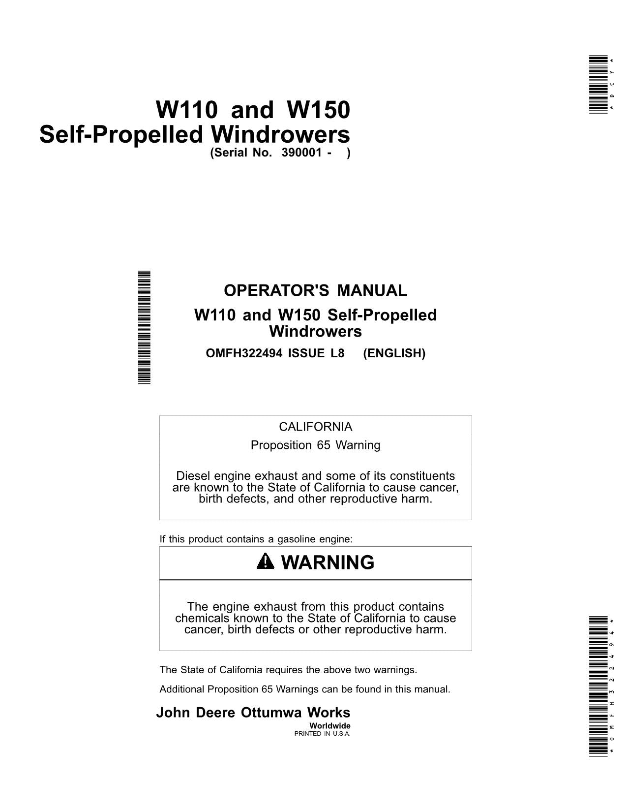 JOHN DEERE W110 WINDROWER OPERATORS MANUAL #1