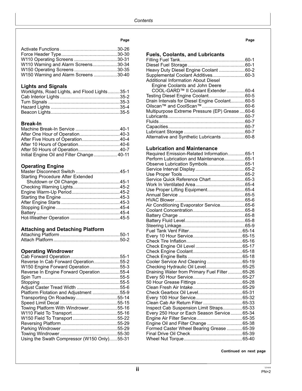 JOHN DEERE W110 WINDROWER OPERATORS MANUAL #1