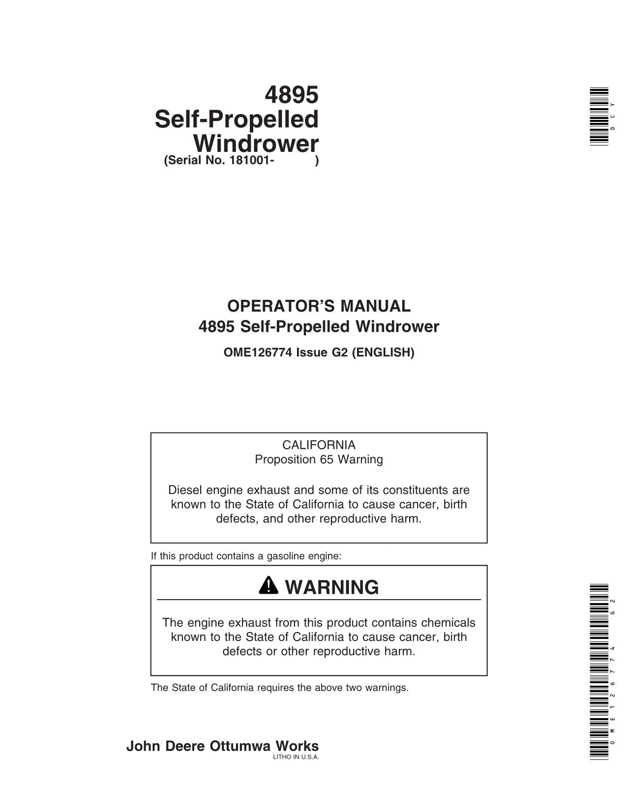 JOHN DEERE 4895 WINDROWER OPERATORS MANUAL #2