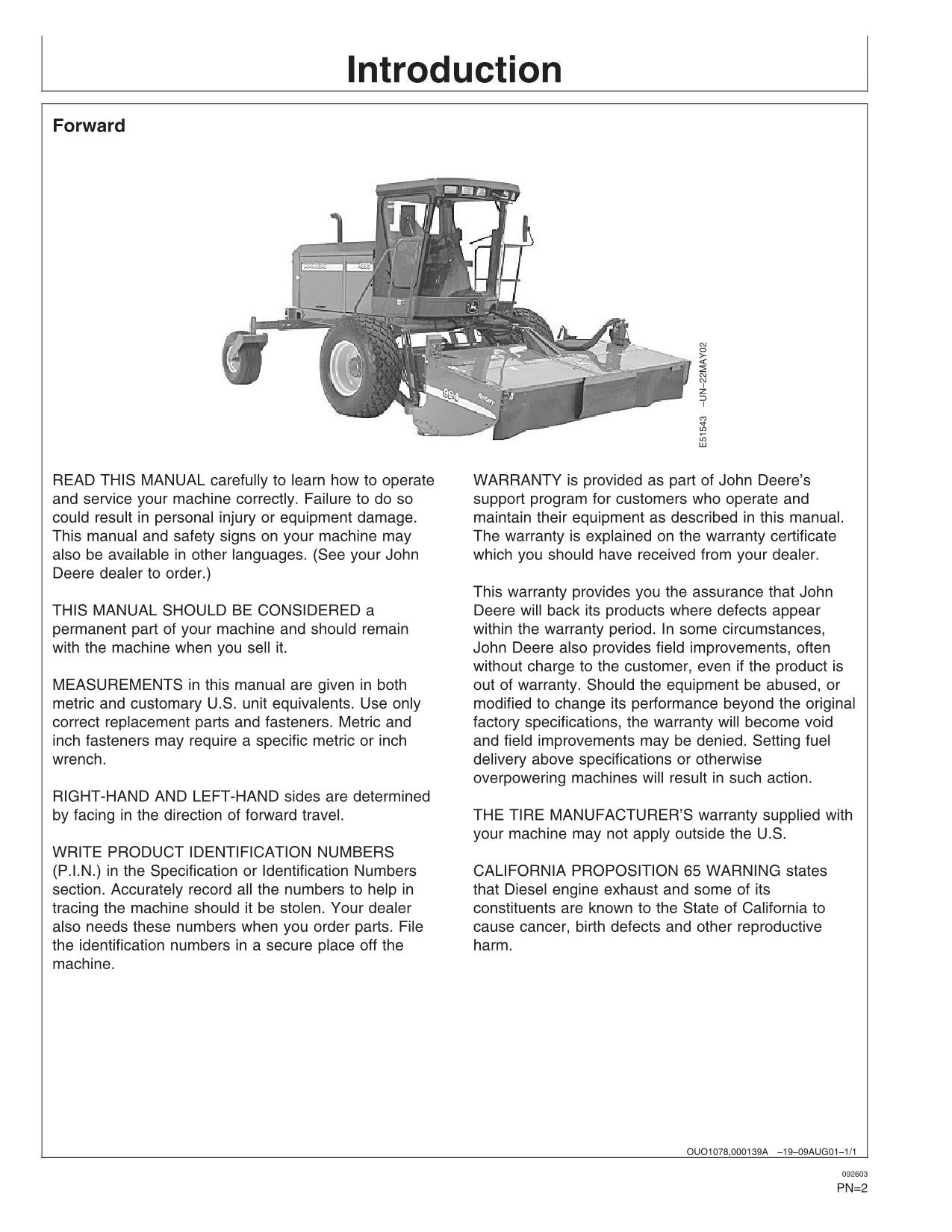 JOHN DEERE 4995 WINDROWER OPERATORS MANUAL #2