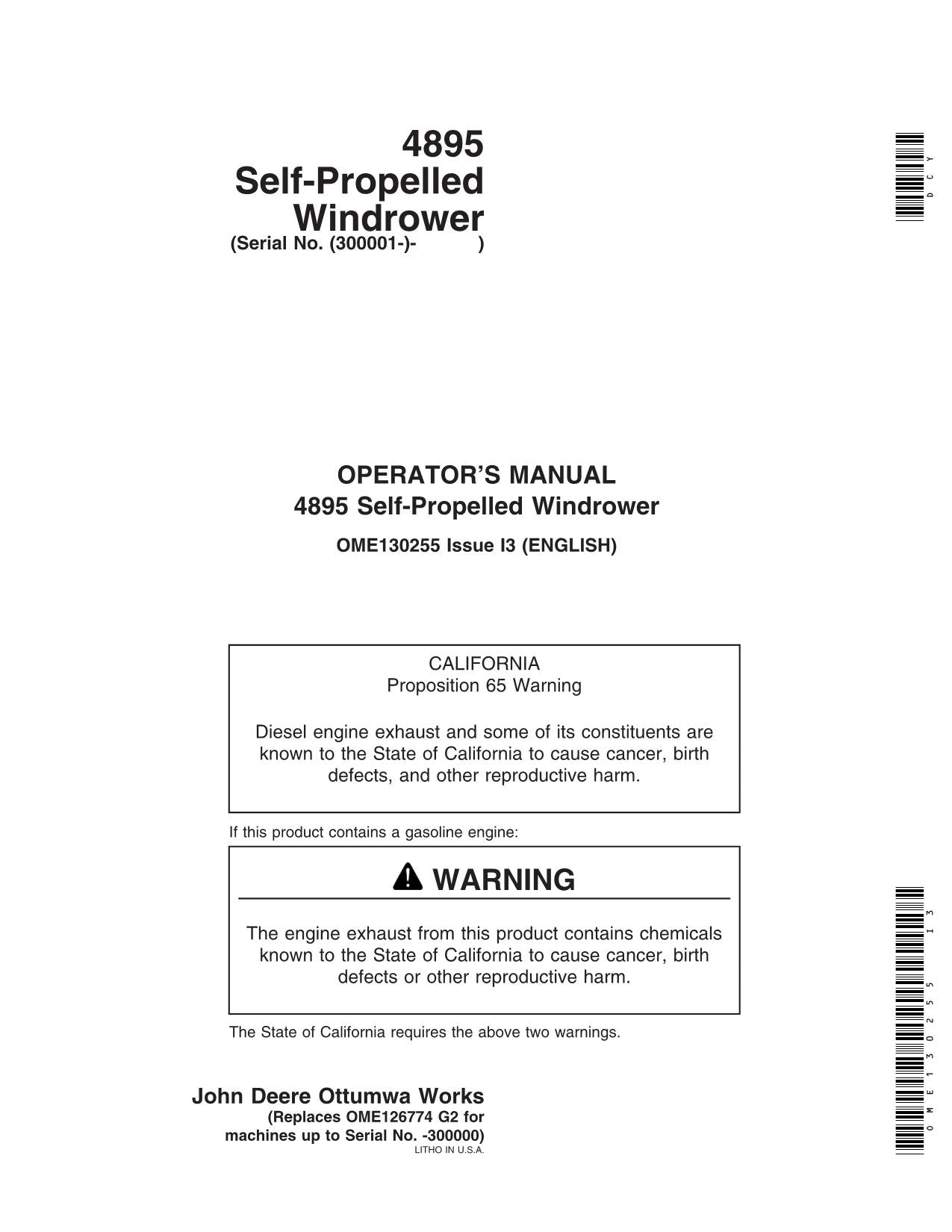 JOHN DEERE 4895 WINDROWER OPERATORS MANUAL #3