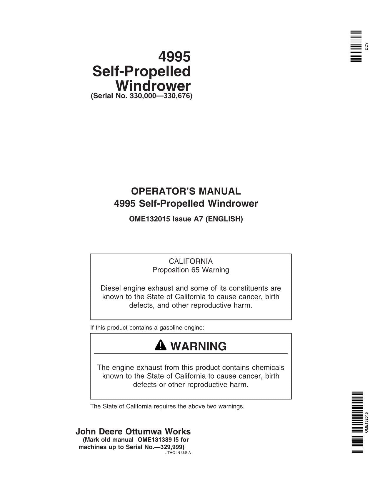 JOHN DEERE 4995 WINDROWER OPERATORS MANUAL #5