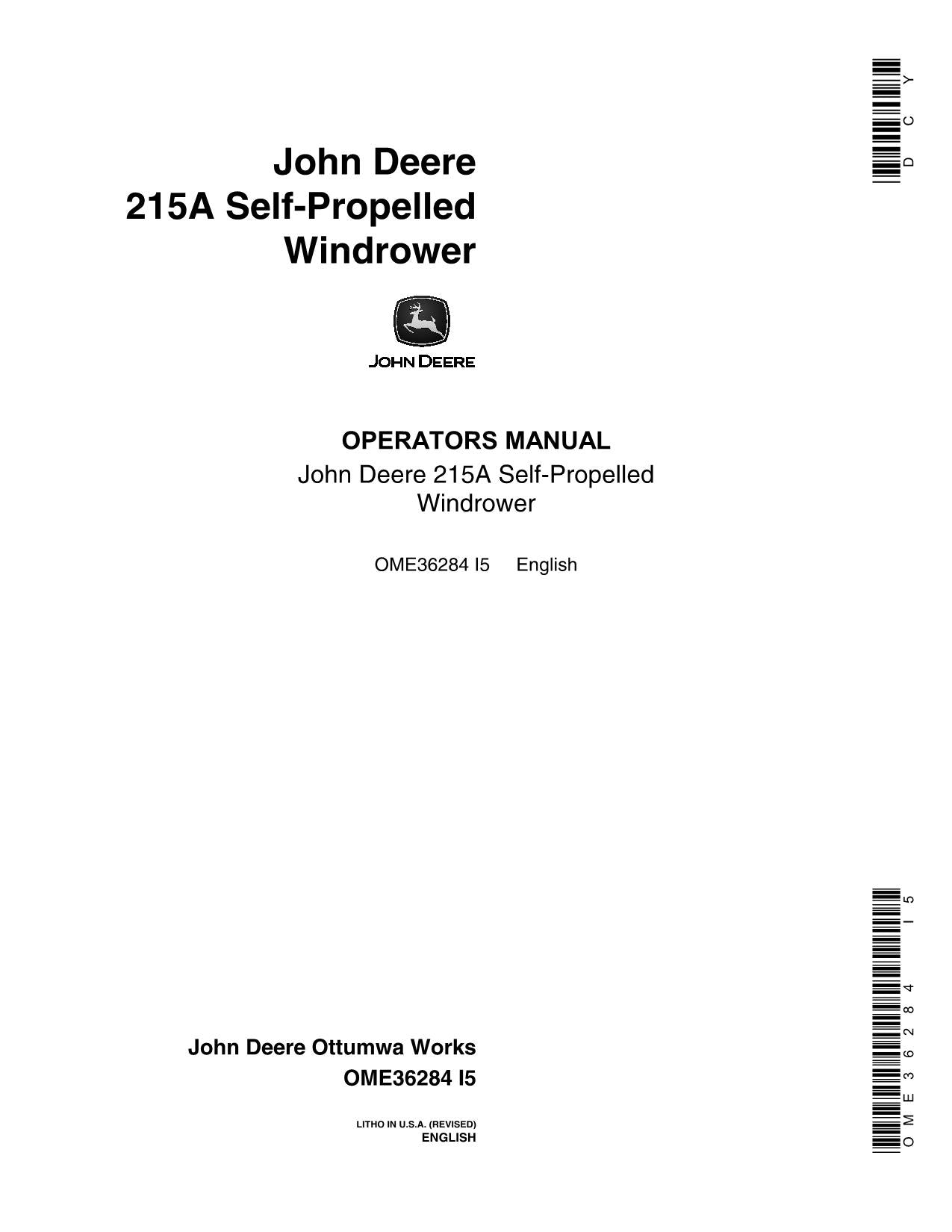 JOHN DEERE 215A WINDROWER OPERATORS MANUAL