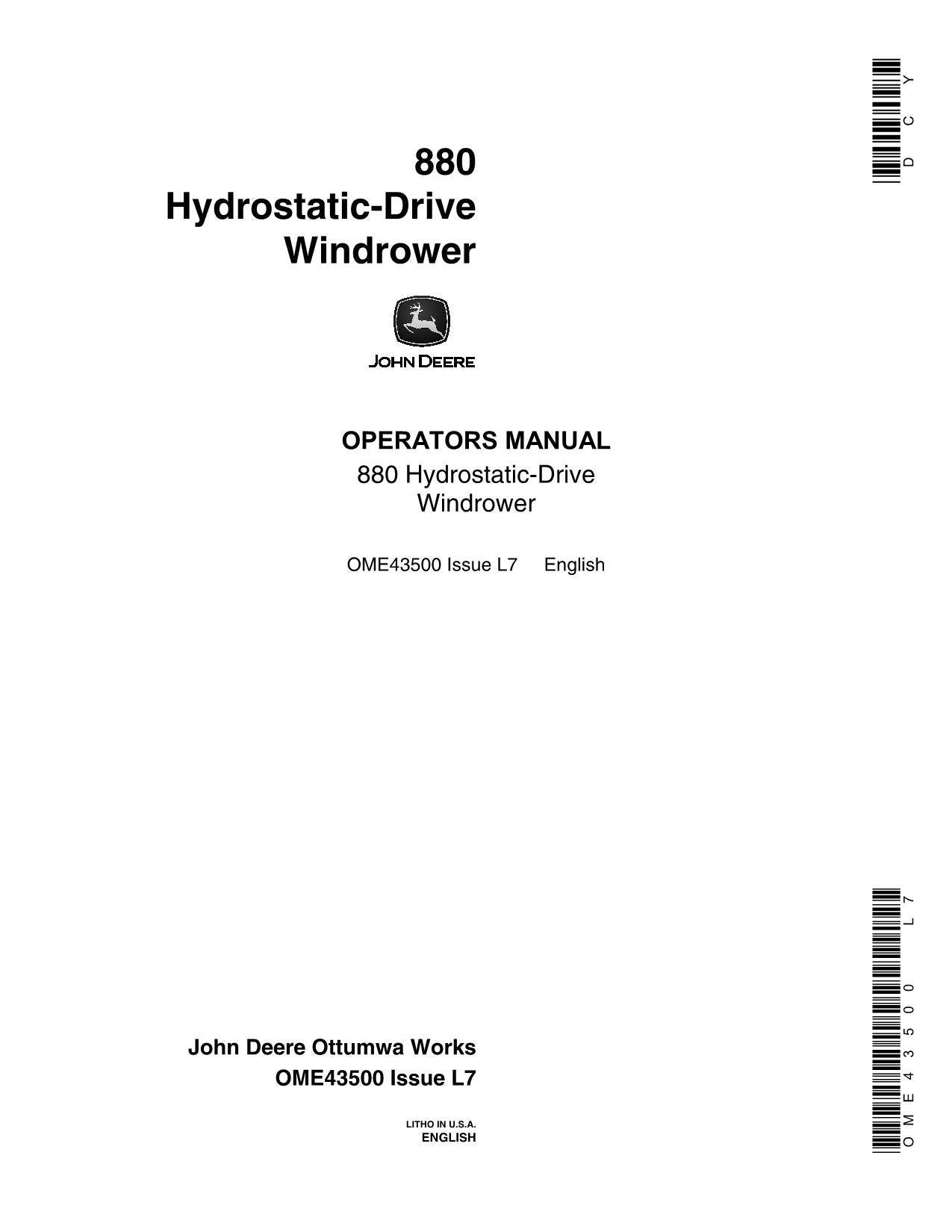 JOHN DEERE 880 WINDROWER OPERATORS MANUAL #1