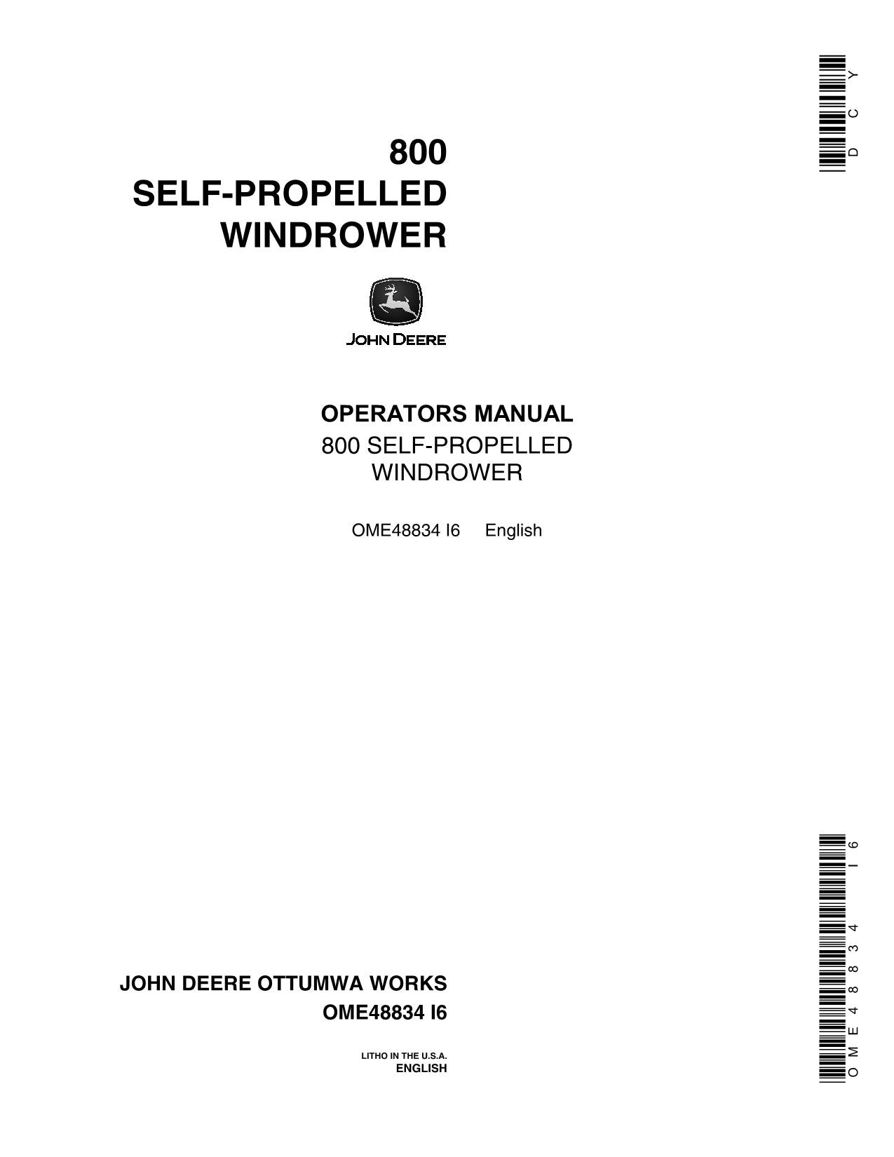 JOHN DEERE 800 WINDROWER OPERATORS MANUAL #1