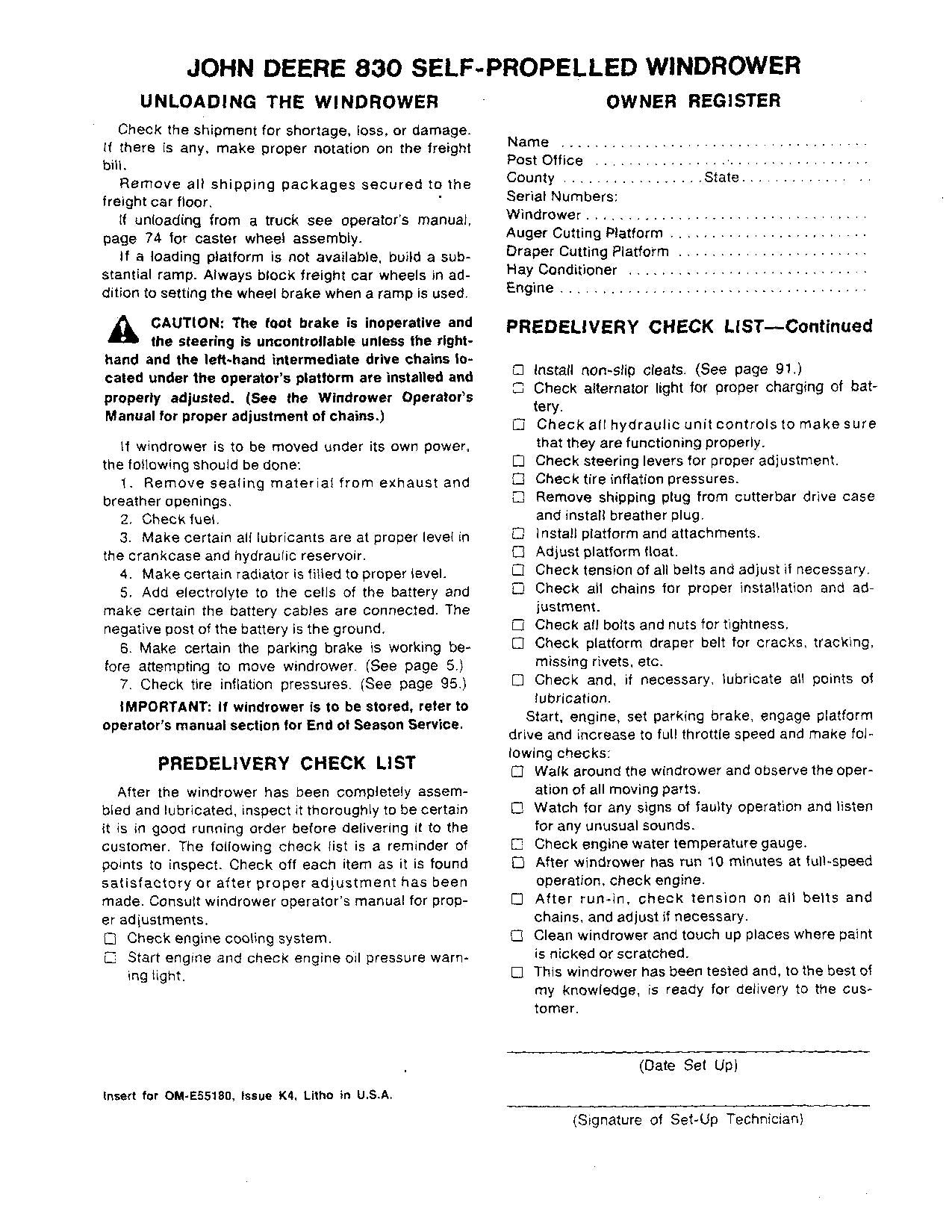 JOHN DEERE 830 WINDROWER OPERATORS MANUAL #1