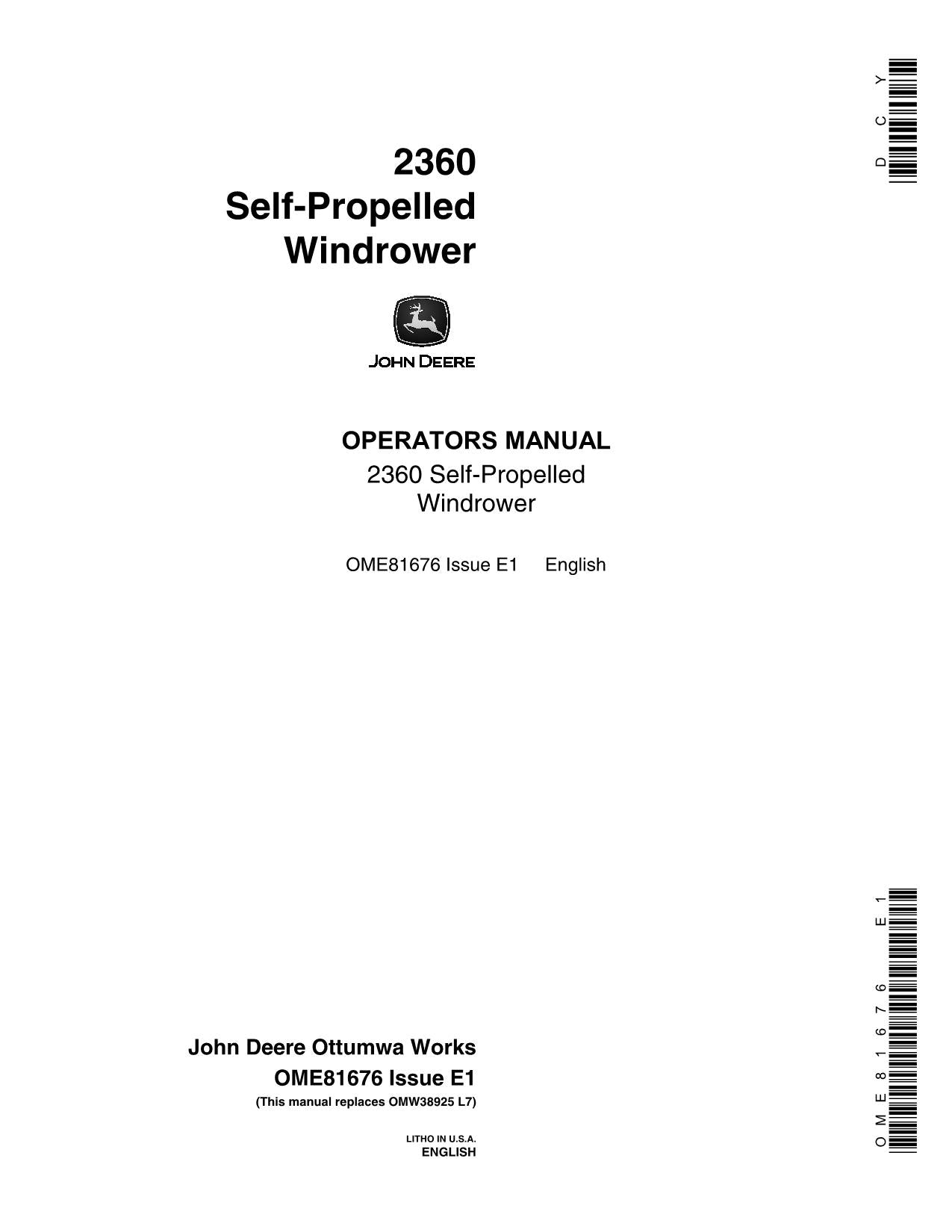 JOHN DEERE 2360 WINDROWER OPERATORS MANUAL #1