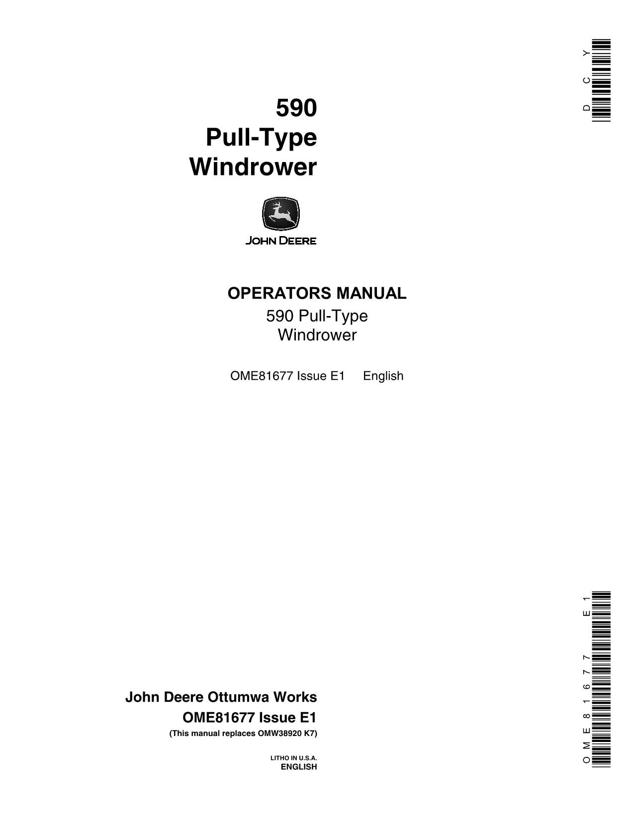 JOHN DEERE 590 WINDROWER OPERATORS MANUAL