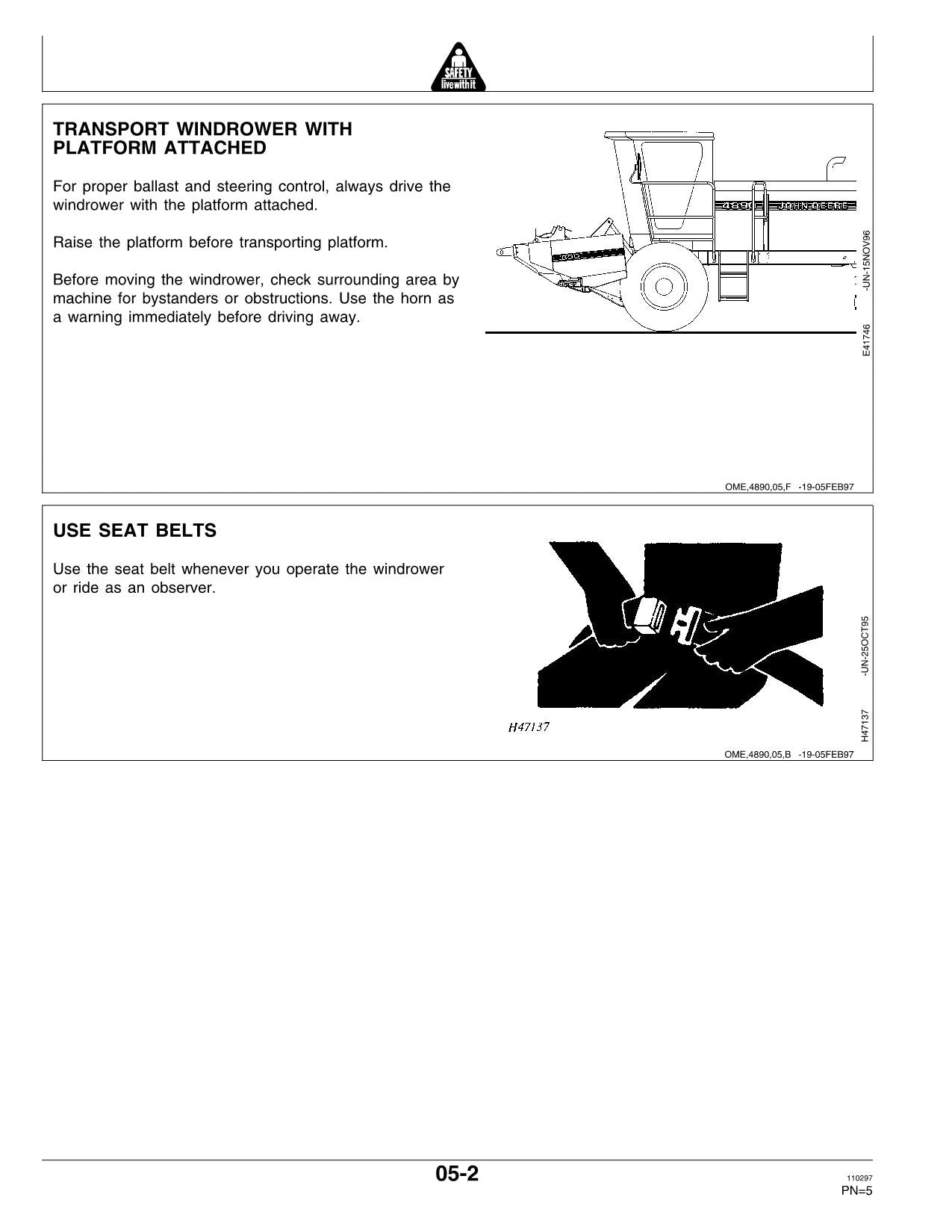 JOHN DEERE 4890 WINDROWER OPERATORS MANUAL #1