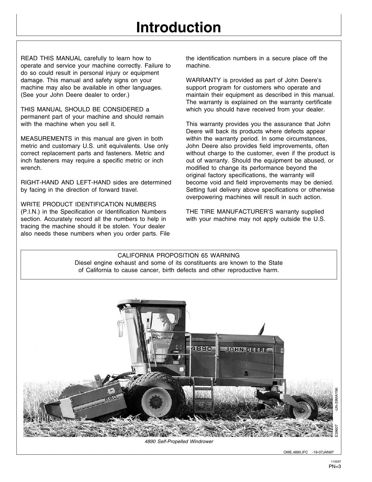 JOHN DEERE 4890 WINDROWER OPERATORS MANUAL #1