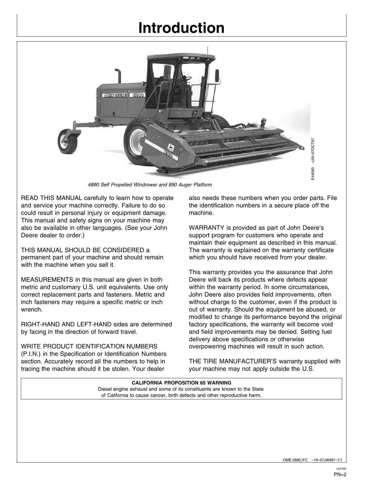 JOHN DEERE 4890 WINDROWER OPERATORS MANUAL #2