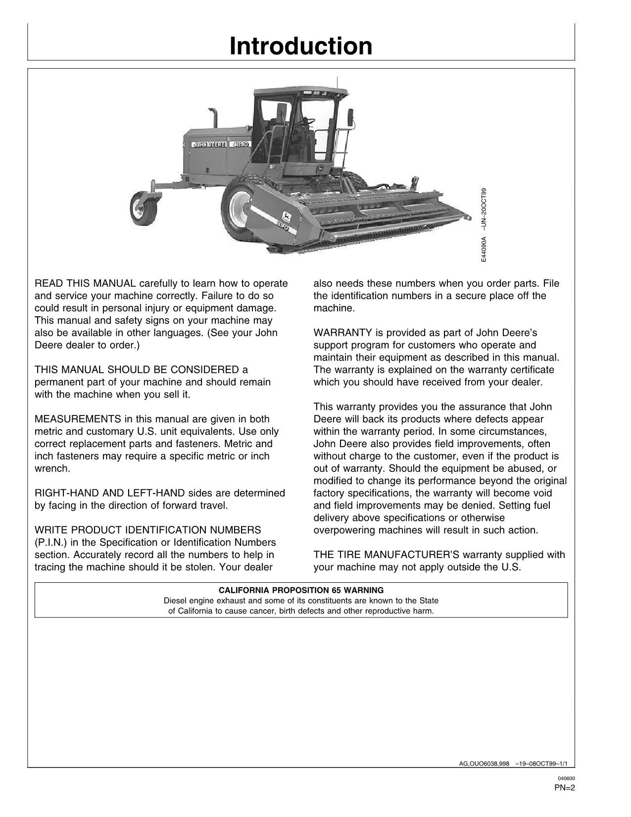 MANUEL D'UTILISATION DE L'ANDAINEUSE JOHN DEERE 4890 #3