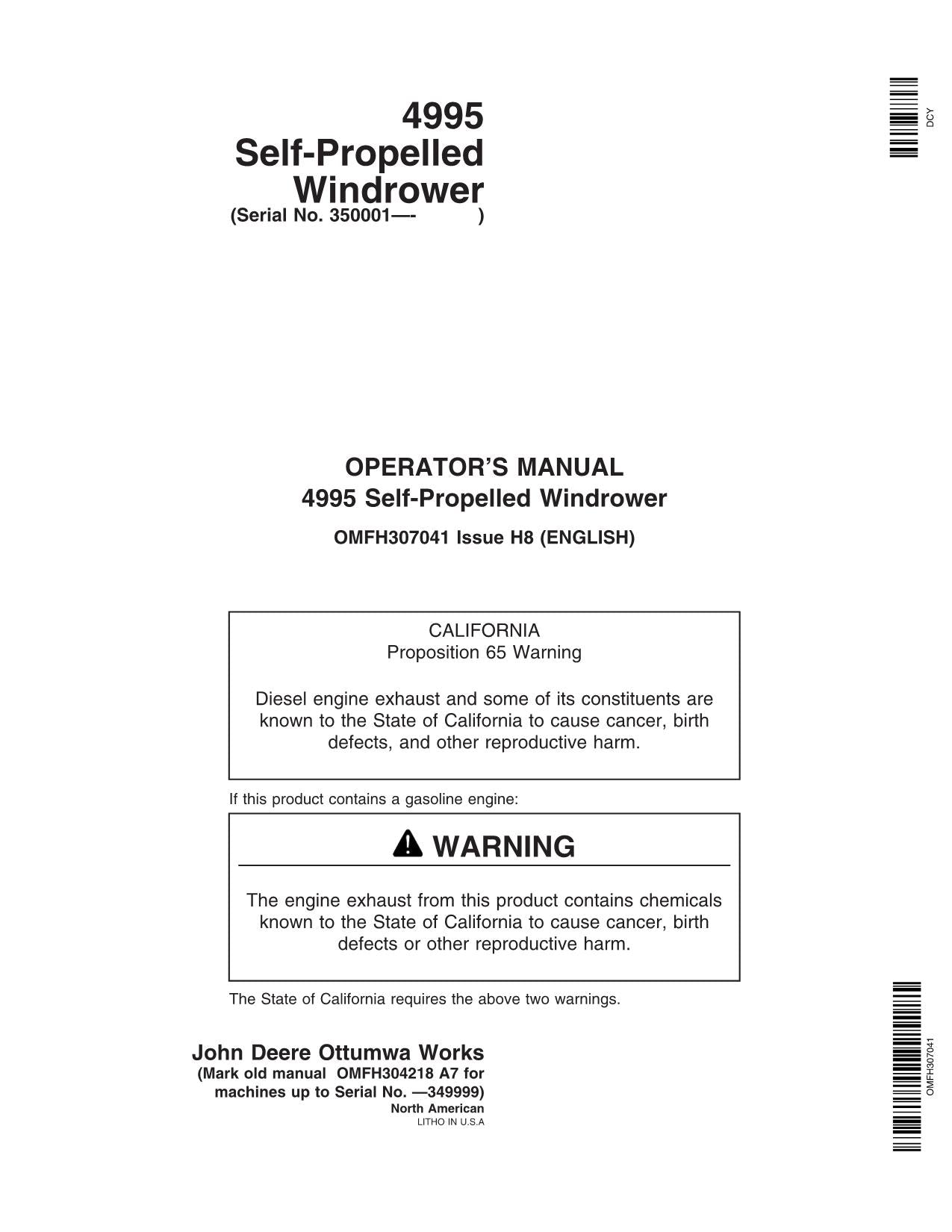 JOHN DEERE 4995 WINDROWER OPERATORS MANUAL #7